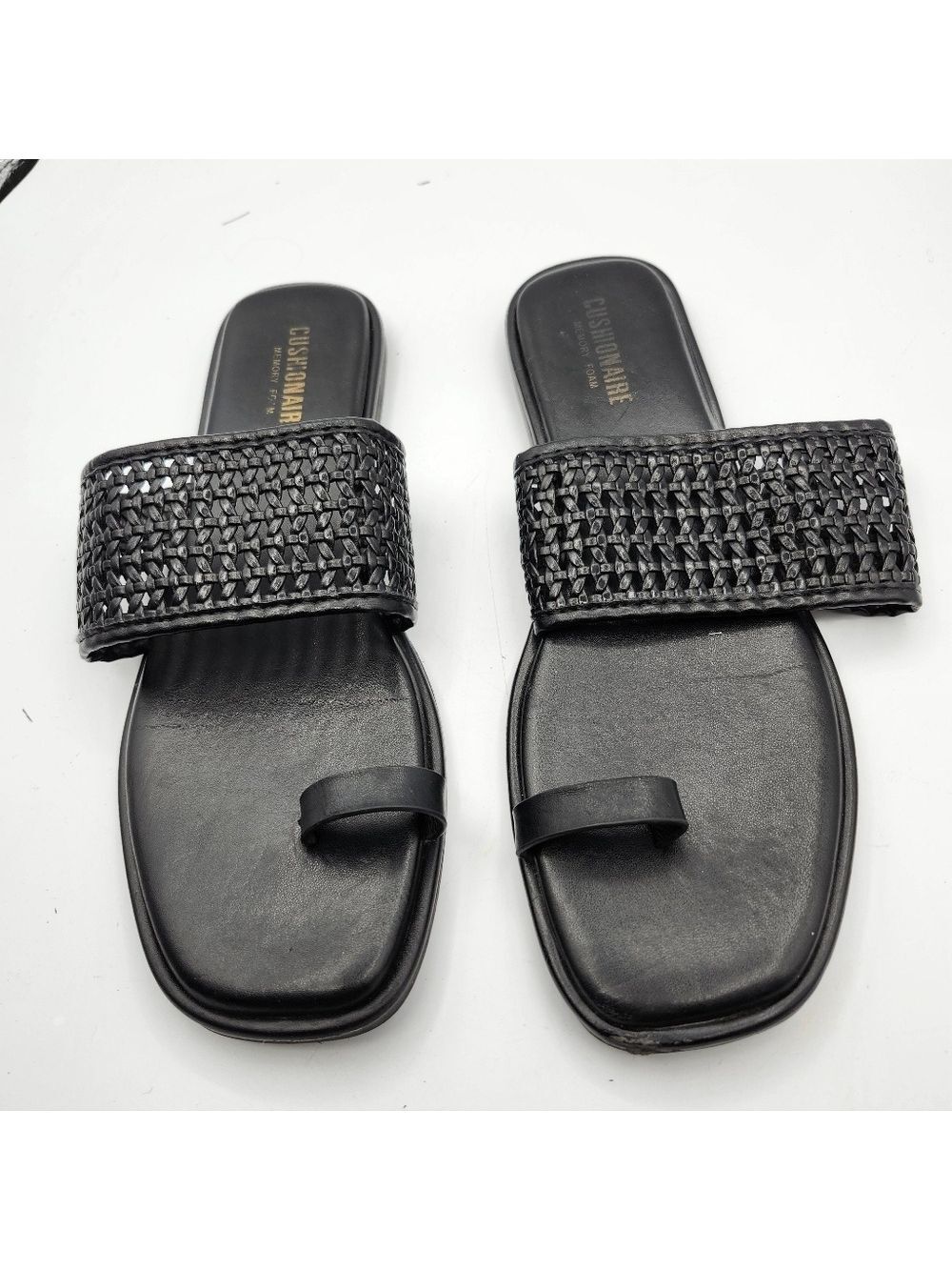 Cushionaire Memory Foam Vegan Leather Black Woven Slide Sandals Sz 9